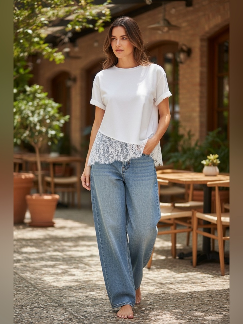 1235. White asymmetric lace trim t shirt
